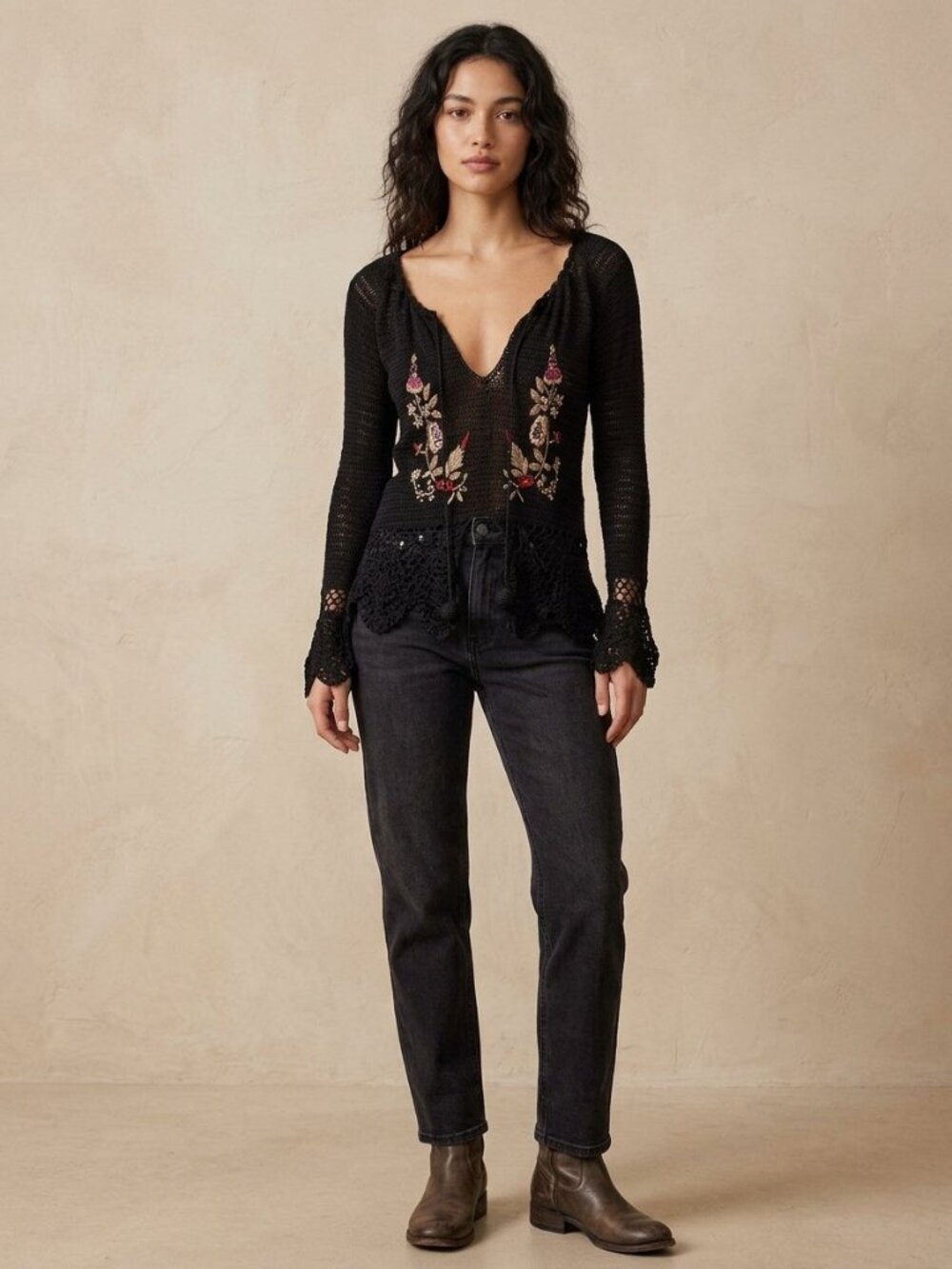 Newport News Vintage Y2K Black Crochet Knit Floral Embroidered Bell Sleeve Top |